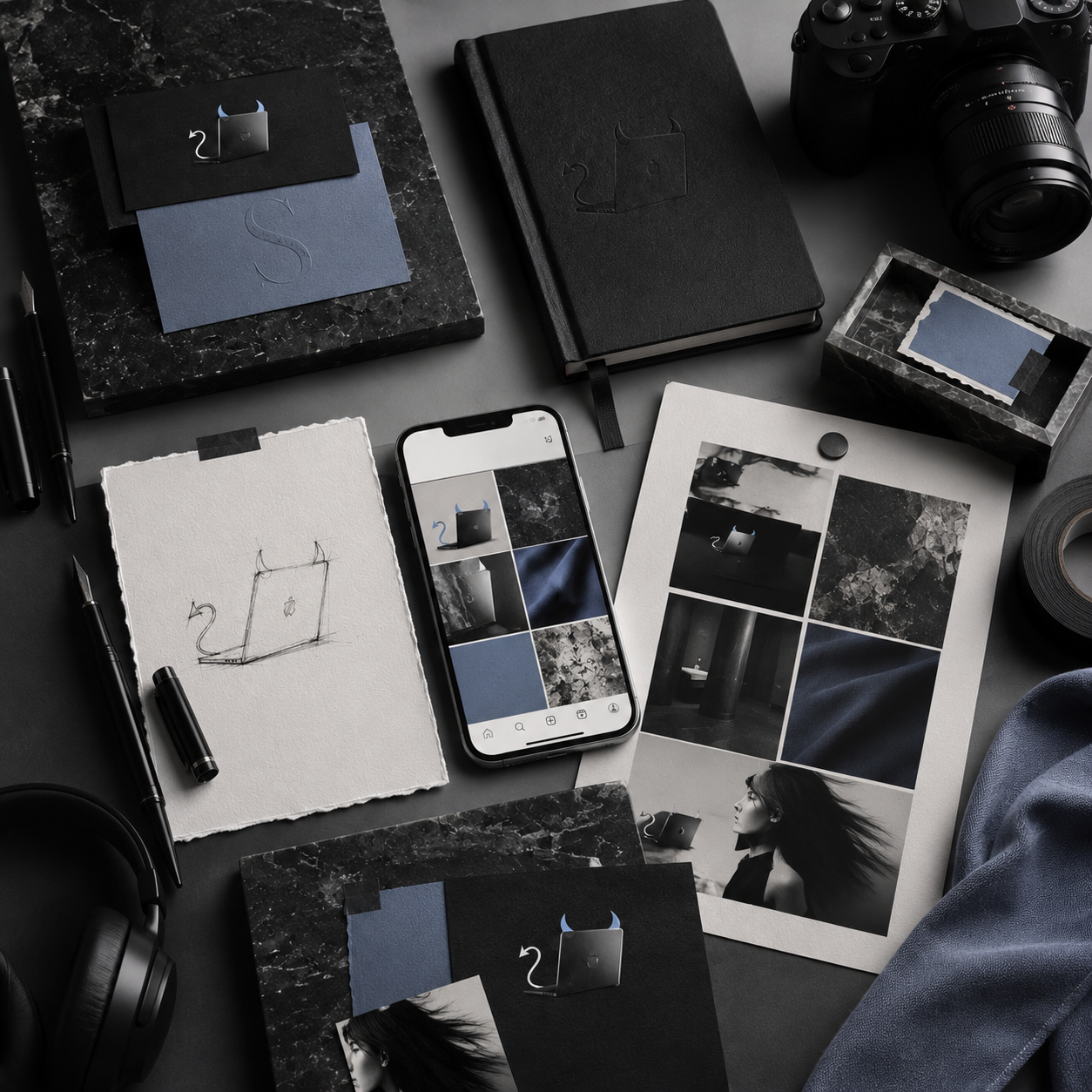 Moodboard di brand identity Scrollami con sito web e materiali coordinati